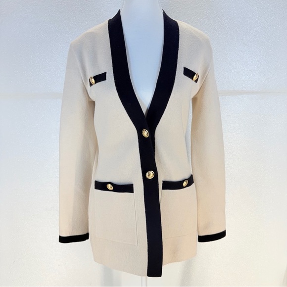 Express Cream Black Trim Cardigan Sweater Gold Buttons Size S - Picture 12 of 17